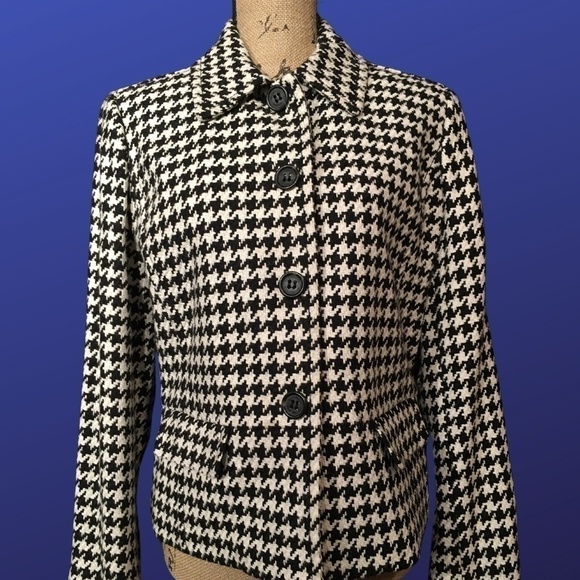 𝅺liz CLAIBORNE Black/White HOUNDSTOOTH Career Jacket/Blazer, Size LARGE PETITE - Picture 1 of 9